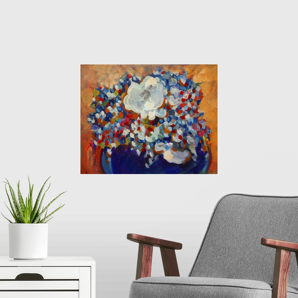 A modern room featuring Contemporary painting of a bouquet of flowers.