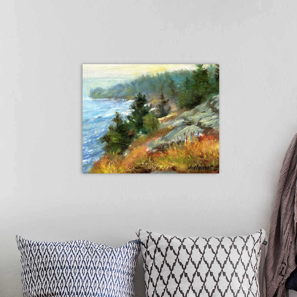 A bohemian room featuring Contemporary painting of an idyllic coastal scene.