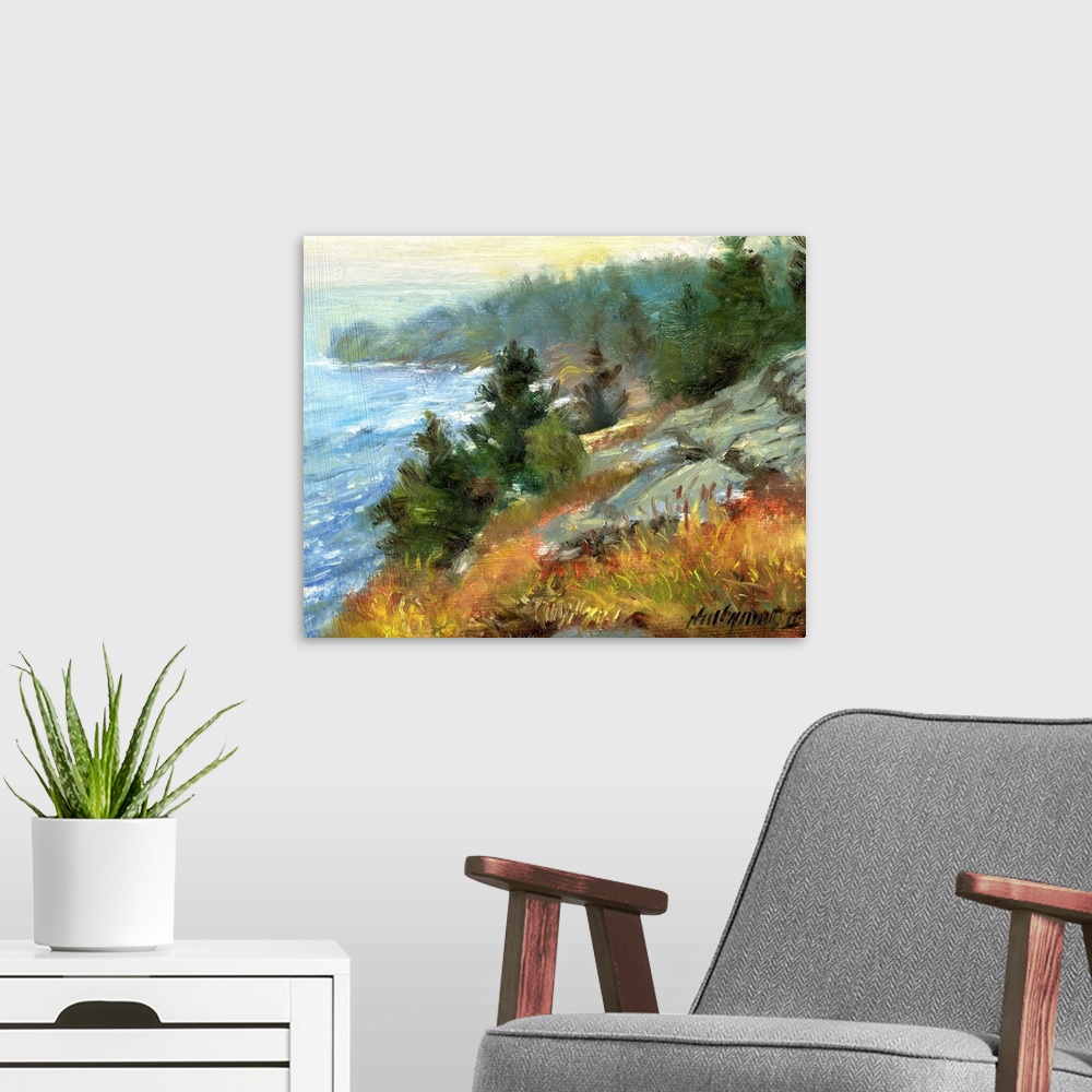 A modern room featuring Contemporary painting of an idyllic coastal scene.