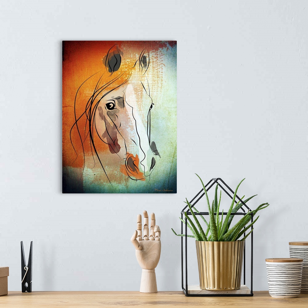 A bohemian room featuring Contemporary artwork of a portrait of a horse.