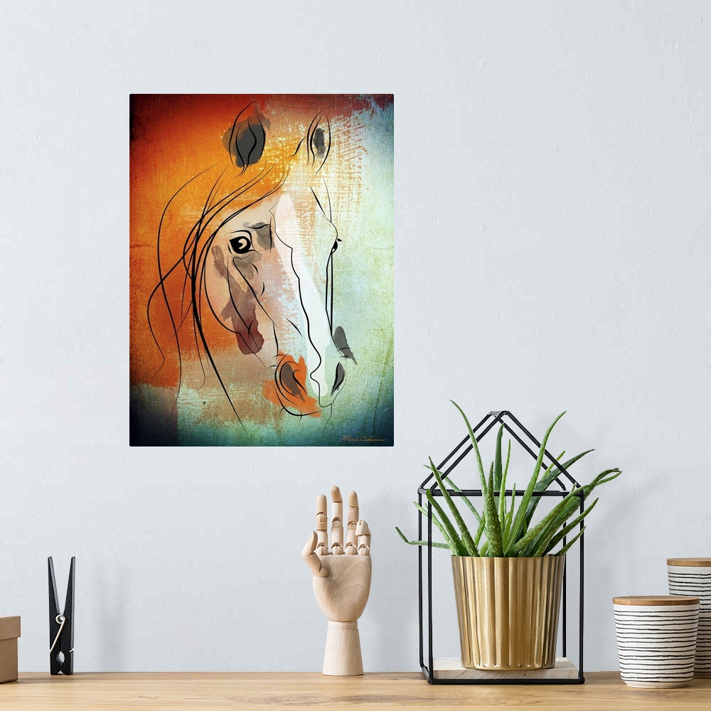 A bohemian room featuring Contemporary artwork of a portrait of a horse.