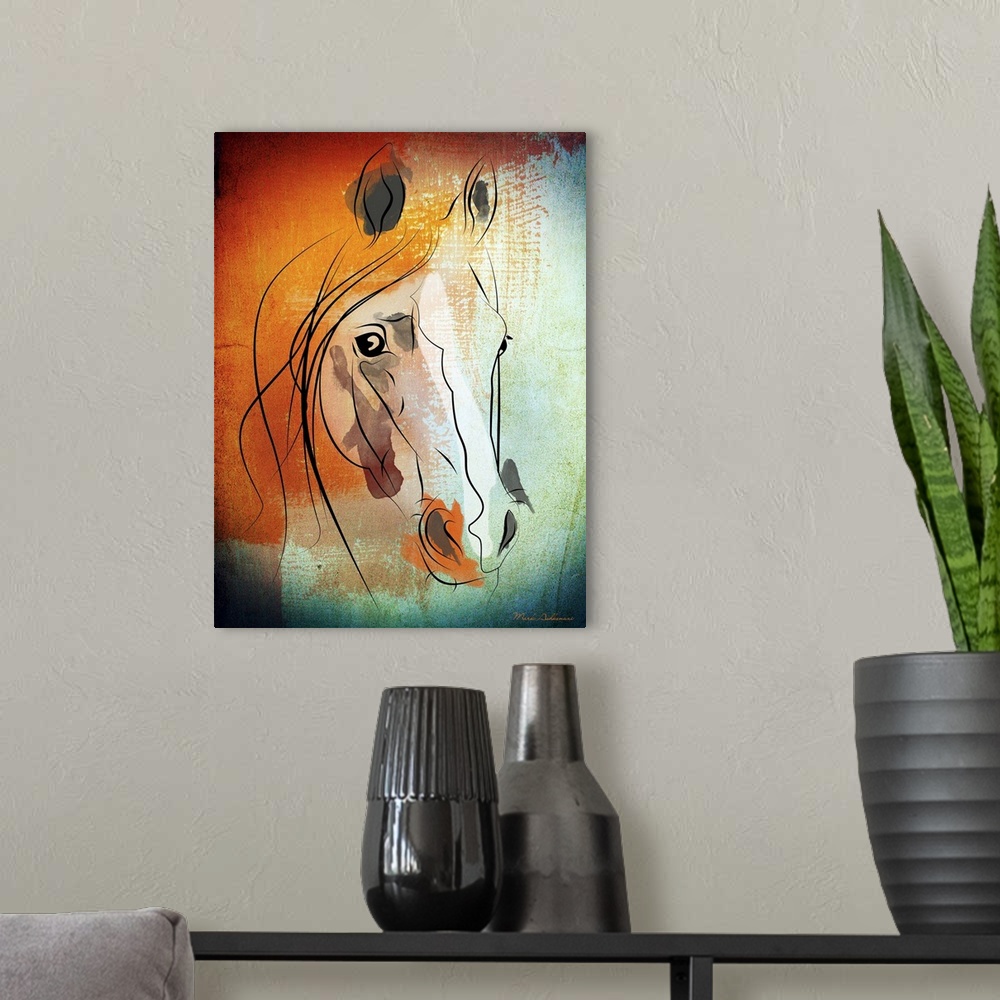 A modern room featuring Contemporary artwork of a portrait of a horse.