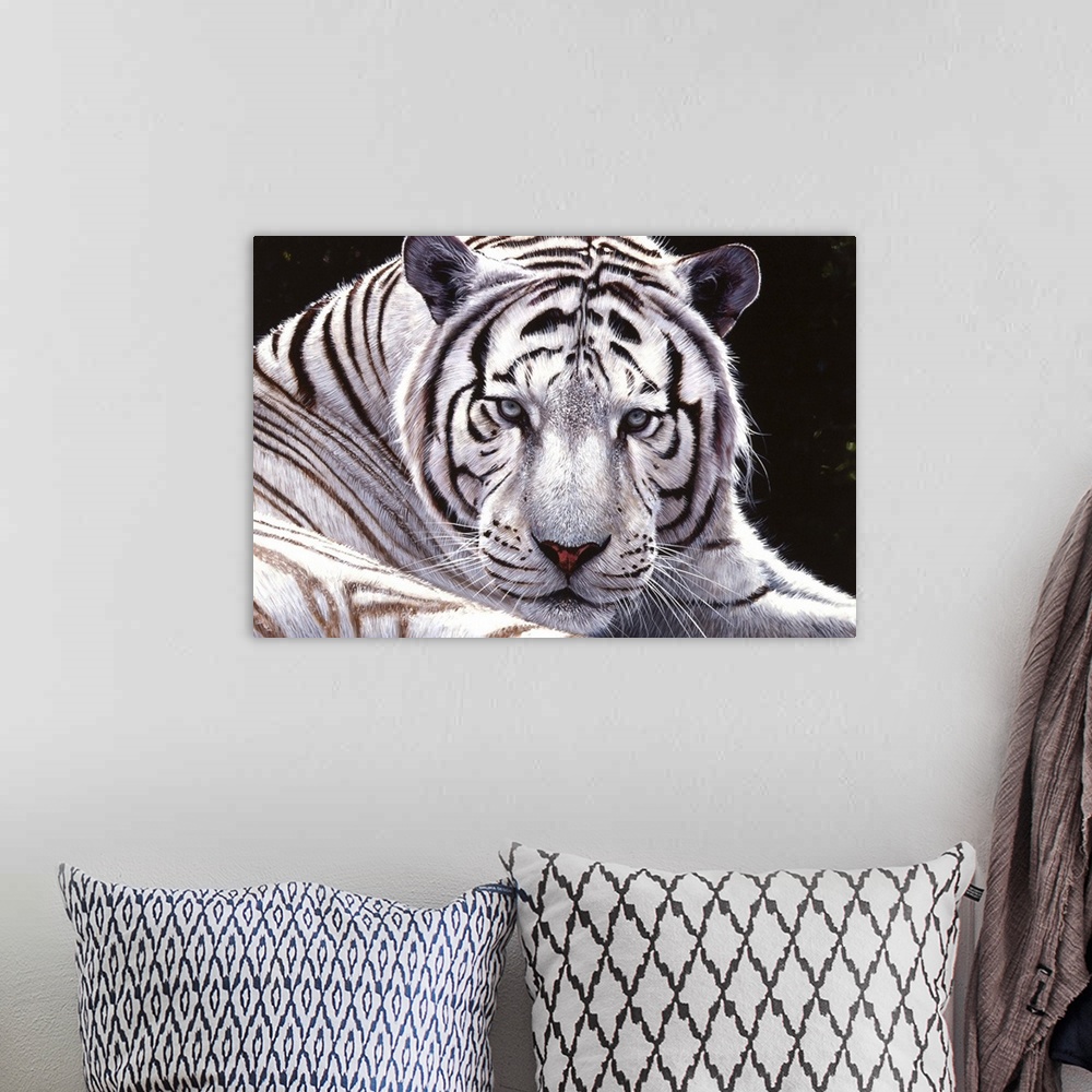 A bohemian room featuring Contemporary painting of a white tiger laying down.