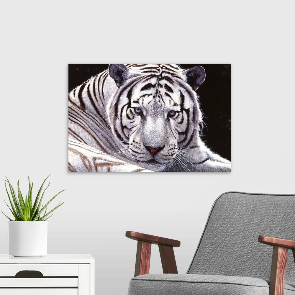 A modern room featuring Contemporary painting of a white tiger laying down.