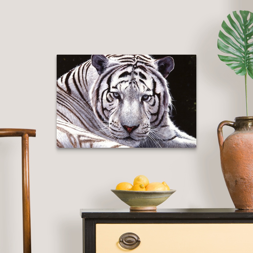 A traditional room featuring Contemporary painting of a white tiger laying down.