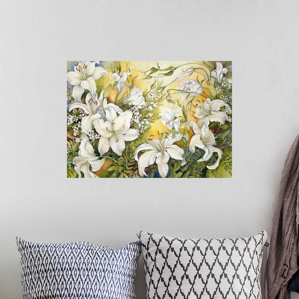 A bohemian room featuring Colorful contemporary painting of white lilies.