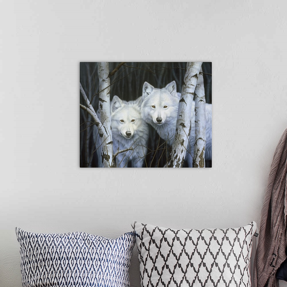 A bohemian room featuring Two white wolves standing among the white birches.
