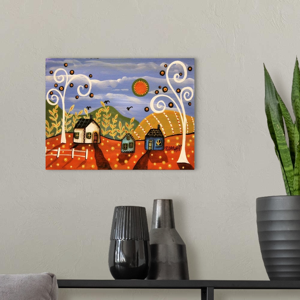 A modern room featuring A contemporary folk art style painting of a rolling countryside landscape.