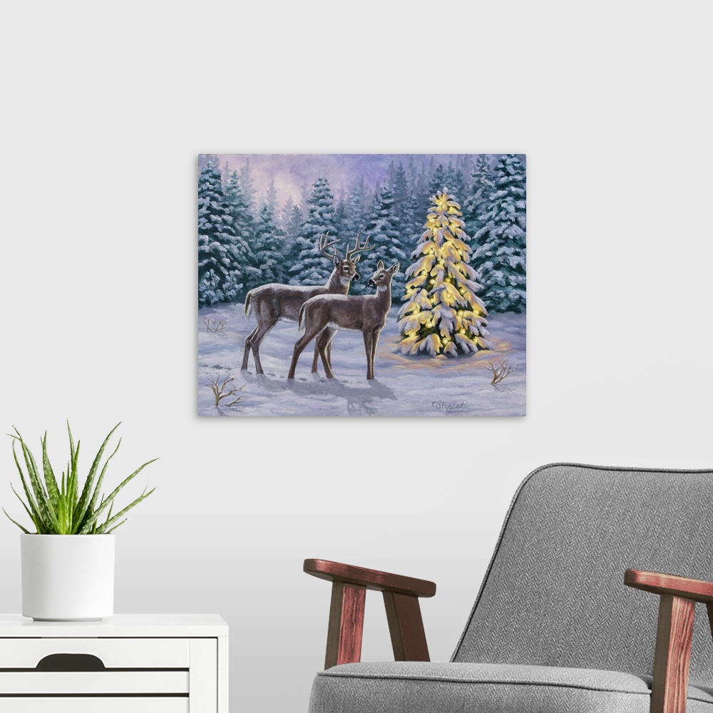 A modern room featuring A pair of deer standing in the snow next to a lit Christmas tree.