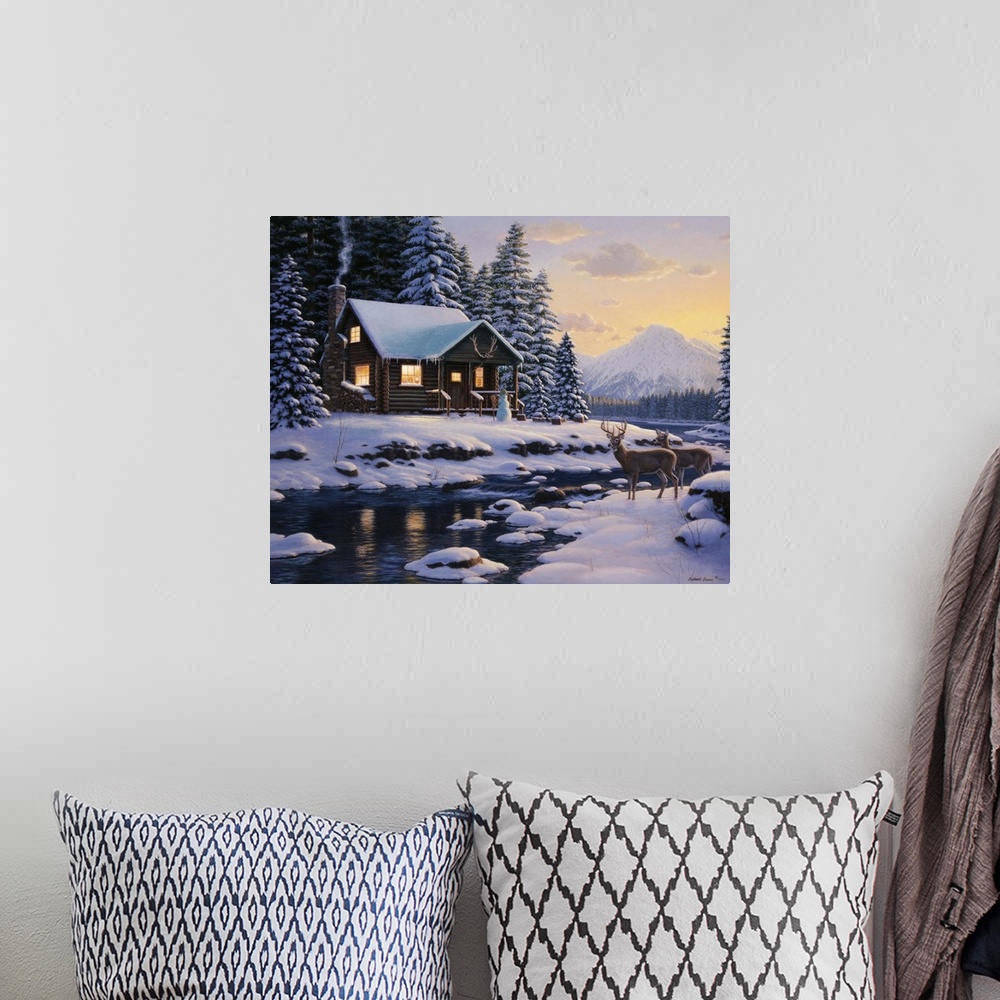 A bohemian room featuring Contemporary painting of a cabin in the wilderness in winter.