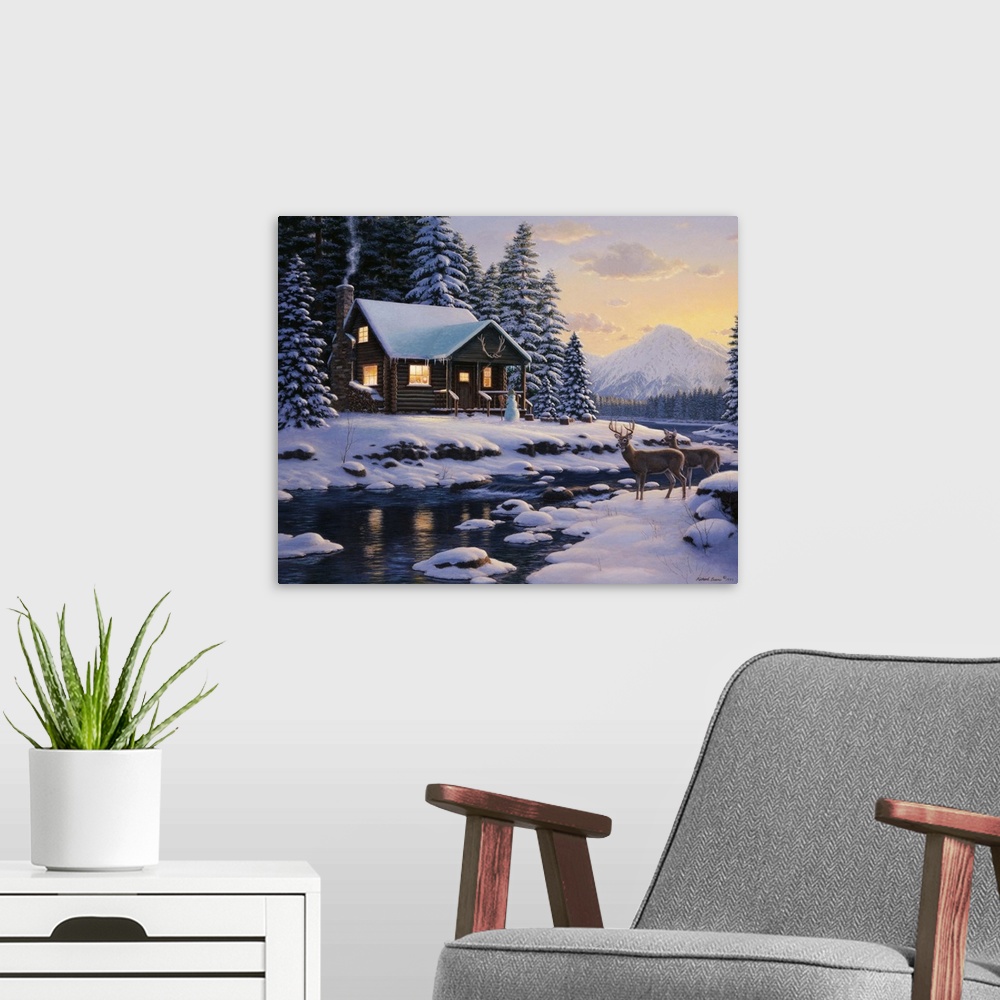A modern room featuring Contemporary painting of a cabin in the wilderness in winter.