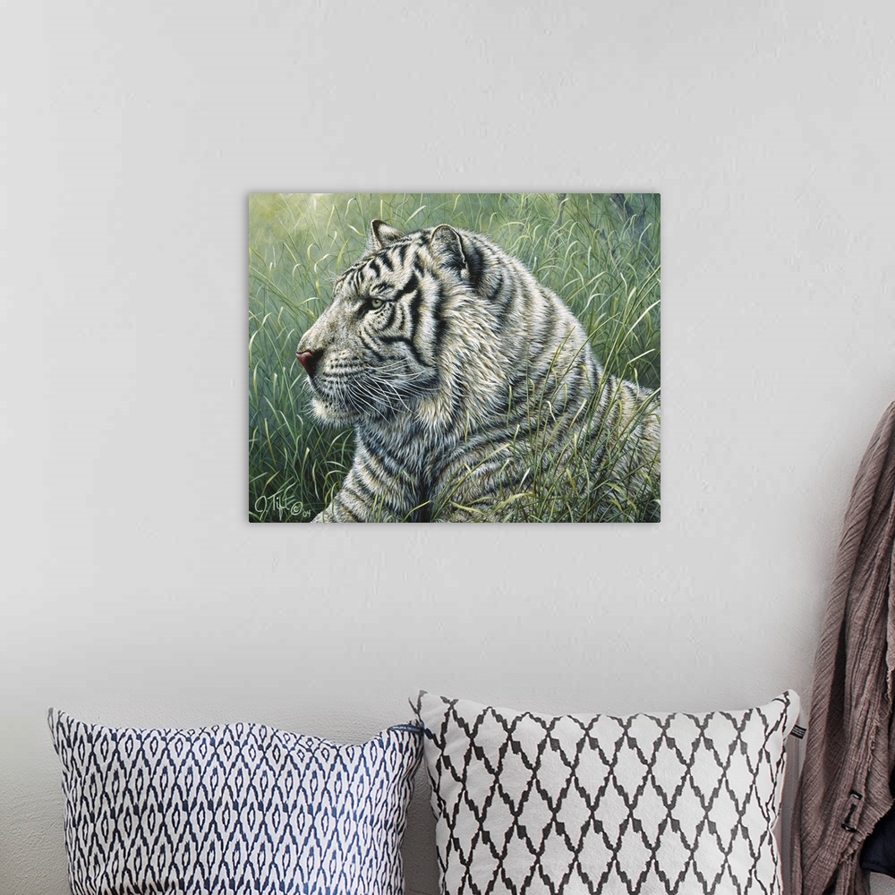 A bohemian room featuring white tiger in grass