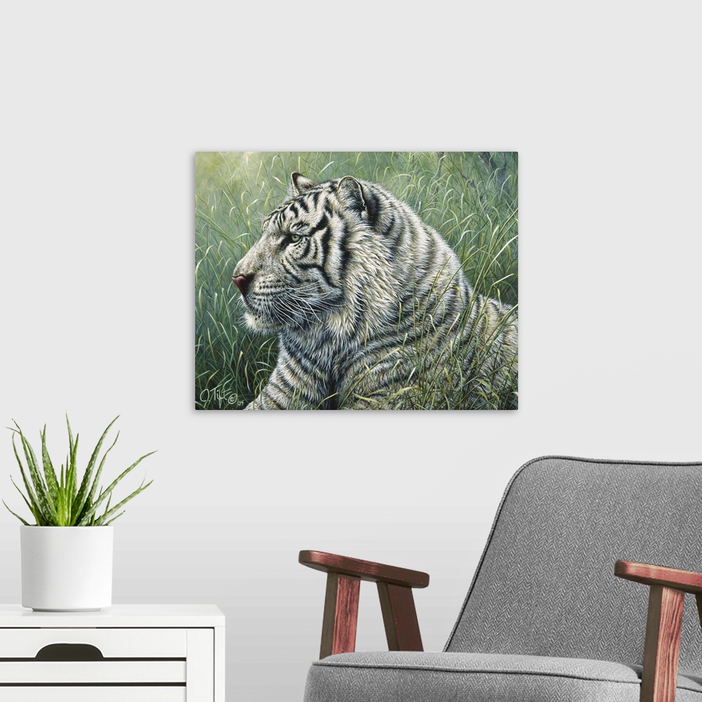 A modern room featuring white tiger in grass