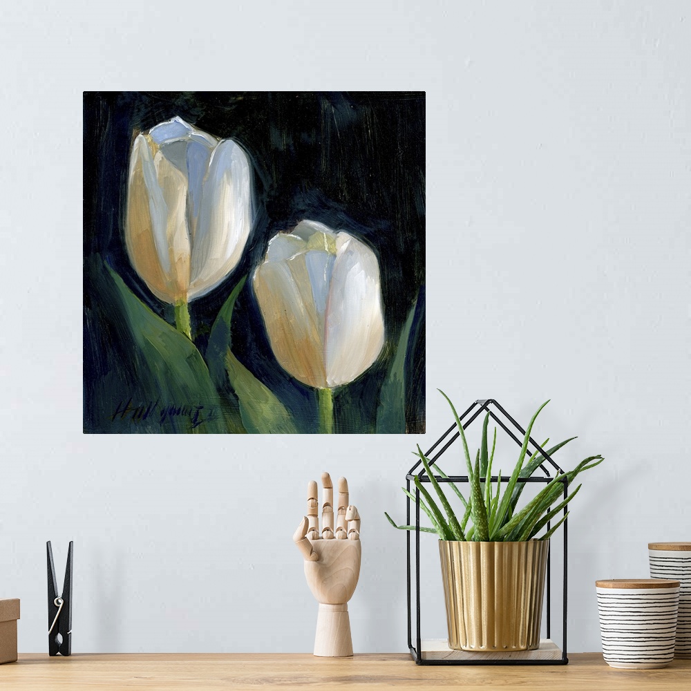 A bohemian room featuring Contemporary still-life painting of white tulips close-up.