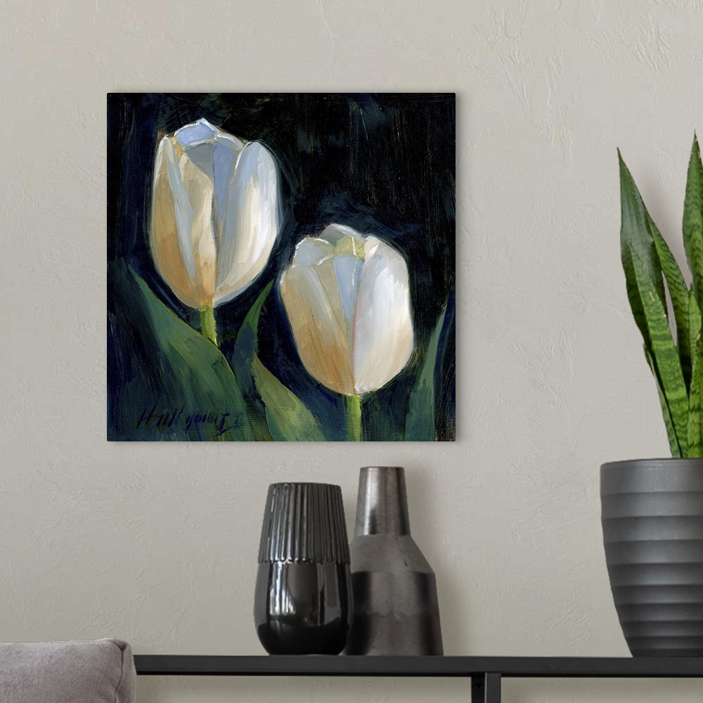 A modern room featuring Contemporary still-life painting of white tulips close-up.