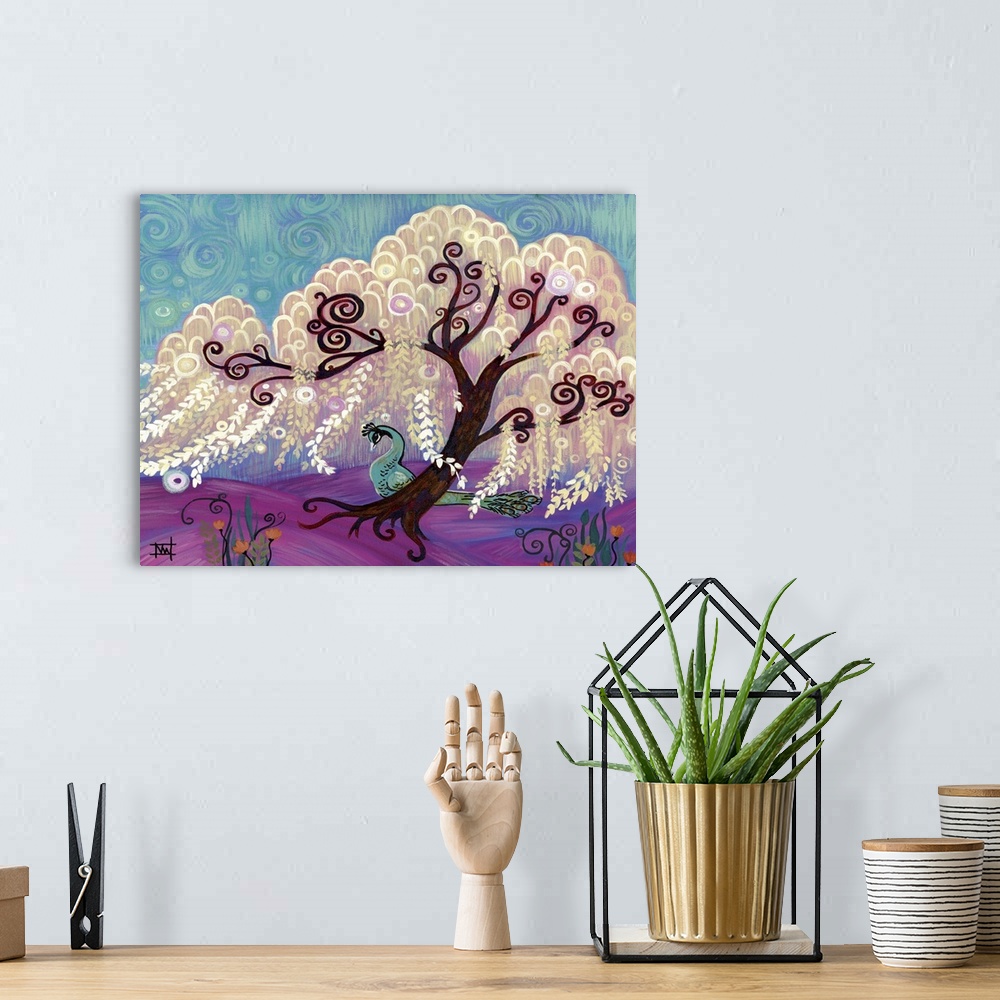 A bohemian room featuring Contemporary painting of a willow tree with flowing white branches.