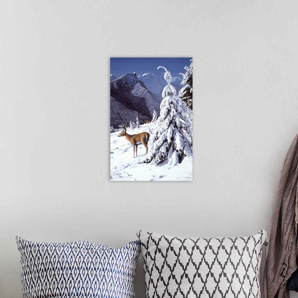 A bohemian room featuring A whitetail deer stands next to a snow covered tree.
