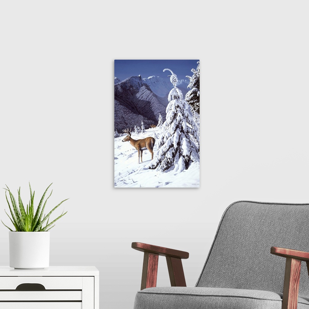 A modern room featuring A whitetail deer stands next to a snow covered tree.