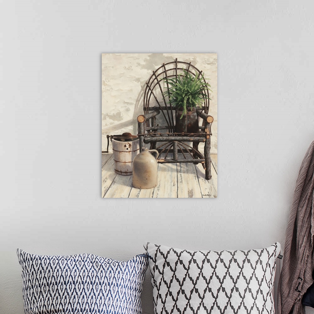 A bohemian room featuring Contemporary still-life painting of rustic objects sitting on a rustic chair.