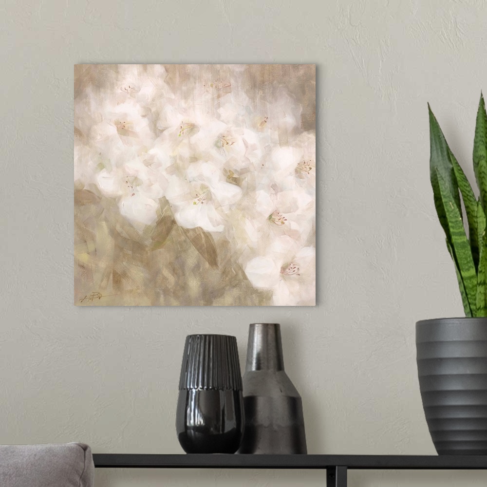 A modern room featuring Contemporary painting of a group of white flowers.
