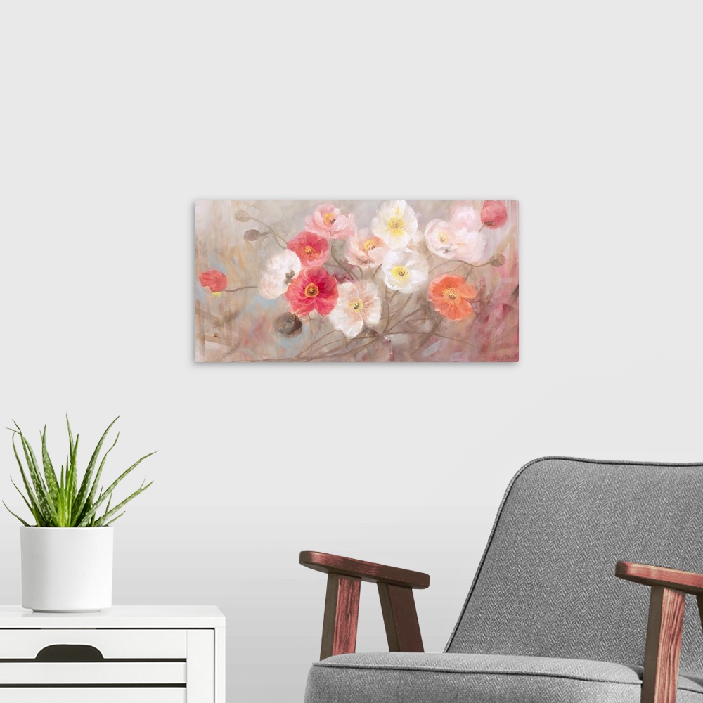 A modern room featuring Contemporary painting of a group of poppies.