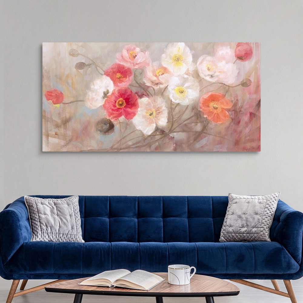 A modern room featuring Contemporary painting of a group of poppies.
