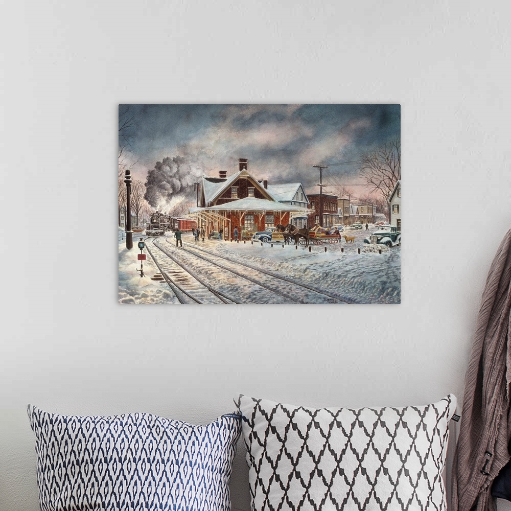 A bohemian room featuring Contemporary painting of an idyllic winter scene in New Hampshire.