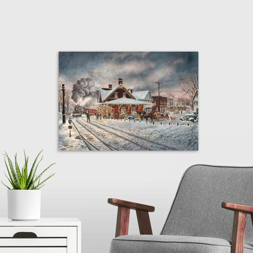 A modern room featuring Contemporary painting of an idyllic winter scene in New Hampshire.