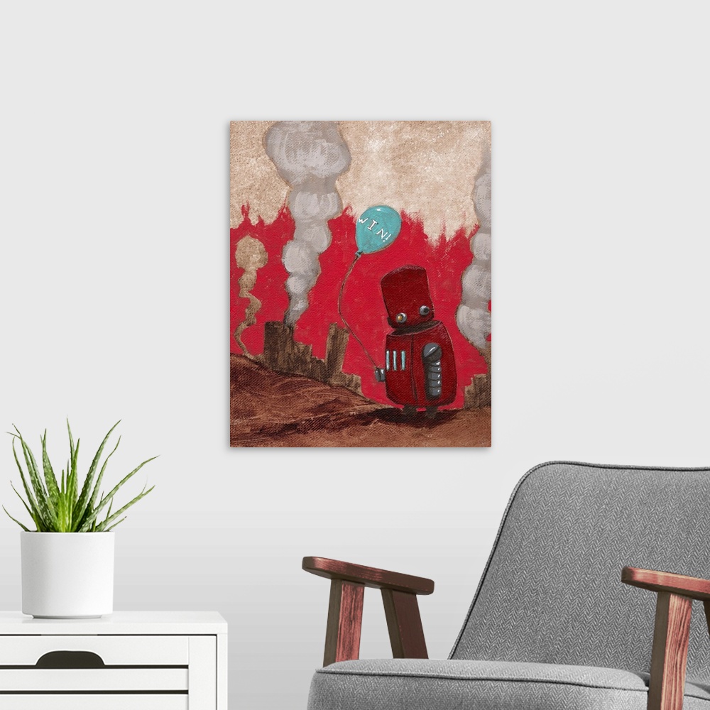 A modern room featuring Illustration of a red robot standing among rubble, holding a blue balloon.
