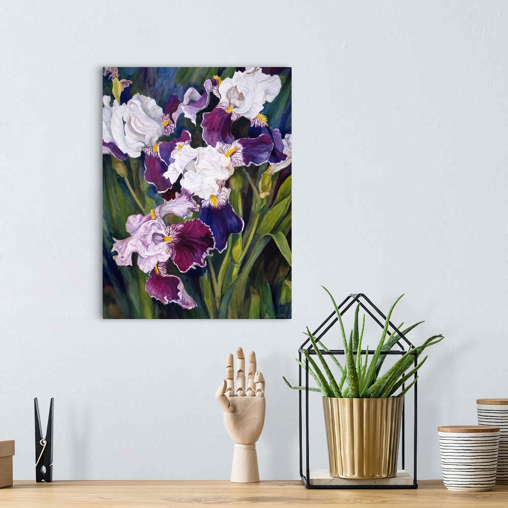 A bohemian room featuring Colorful contemporary painting of purple iris'.