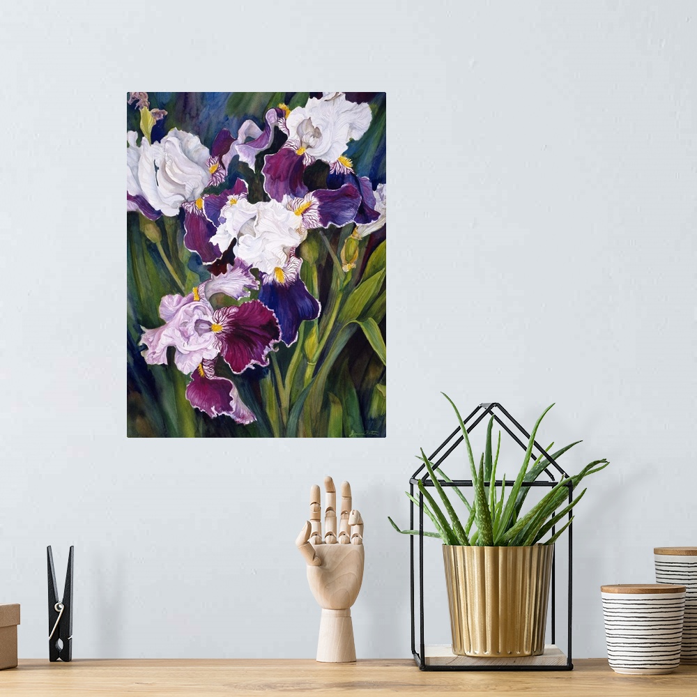 A bohemian room featuring Colorful contemporary painting of purple iris'.