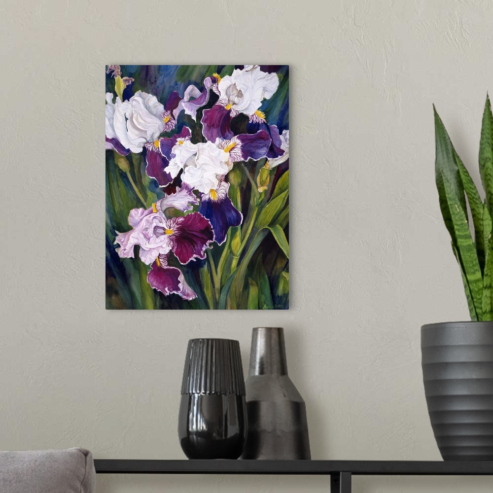 A modern room featuring Colorful contemporary painting of purple iris'.