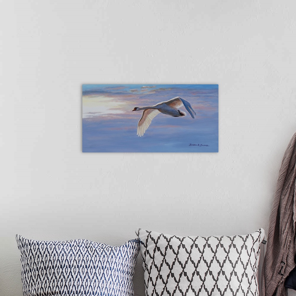 A bohemian room featuring Contemporary artwork of a swan in flight at sunset