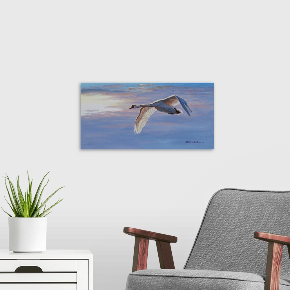 A modern room featuring Contemporary artwork of a swan in flight at sunset