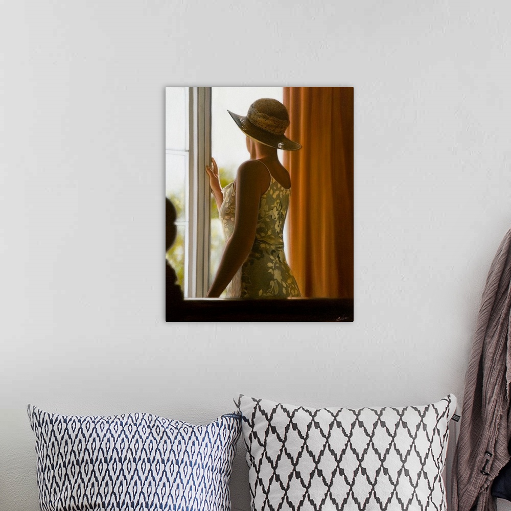 A bohemian room featuring Contemporary painting of a woman wearing a hat standing at a window and looking out.