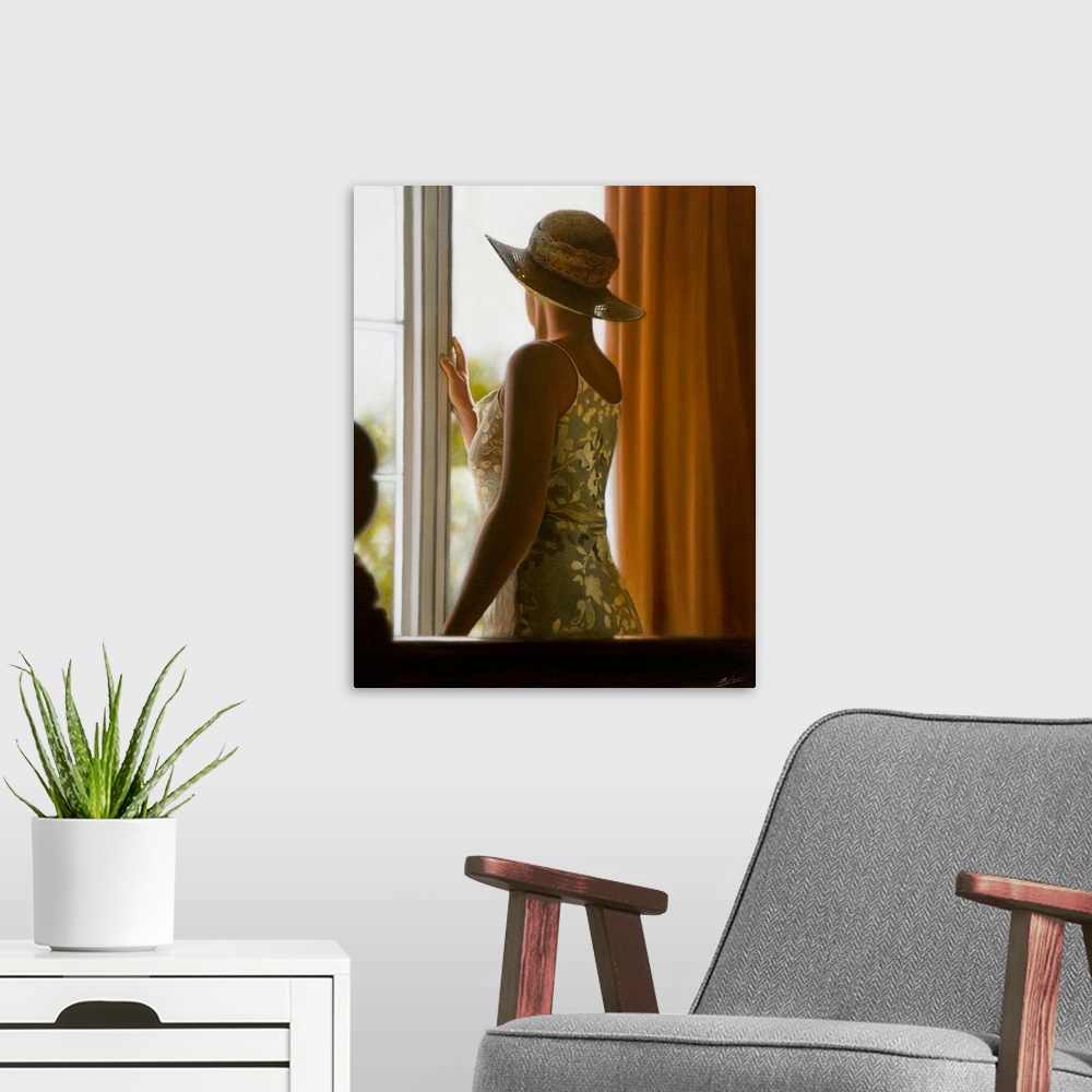 A modern room featuring Contemporary painting of a woman wearing a hat standing at a window and looking out.