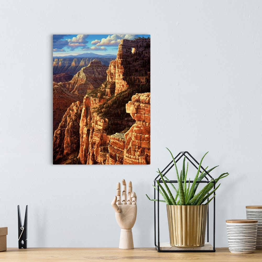 A bohemian room featuring Sun setting on mountains in the Grand Canyon, lighting up the Angel's Window.
