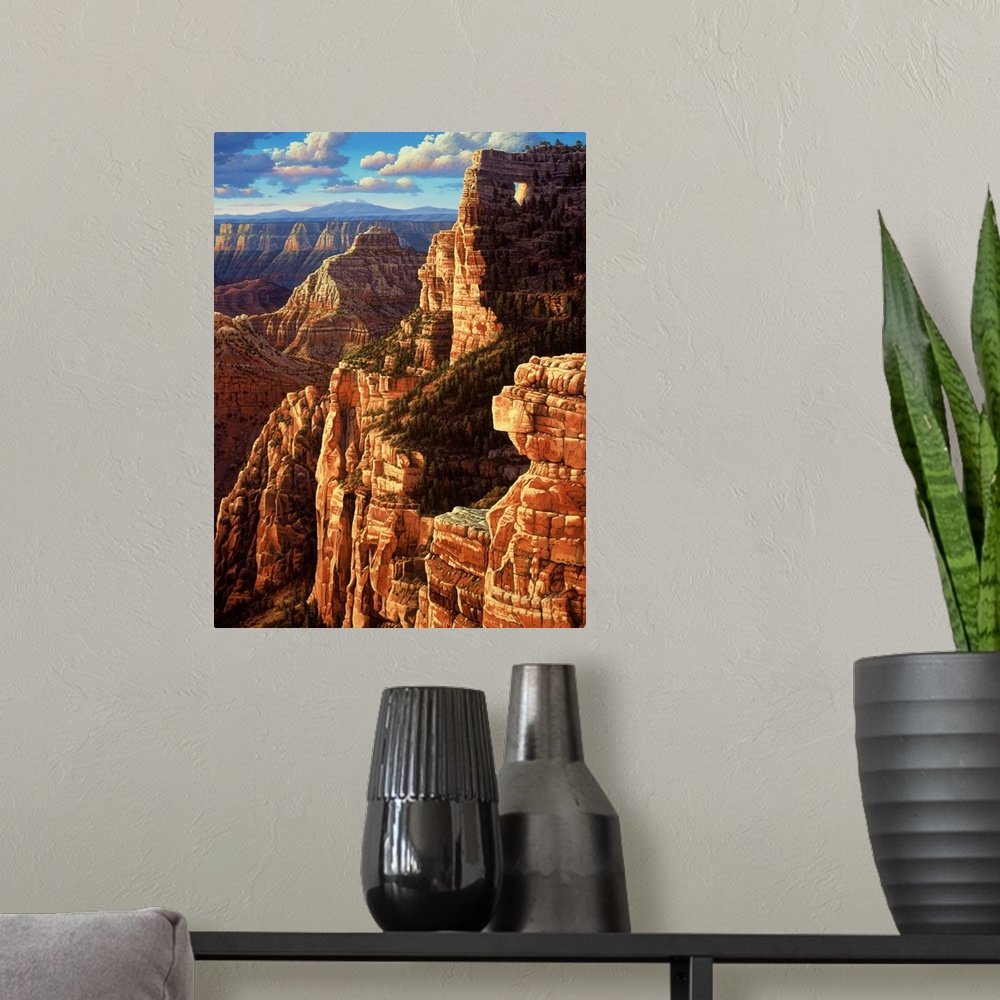 A modern room featuring Sun setting on mountains in the Grand Canyon, lighting up the Angel's Window.