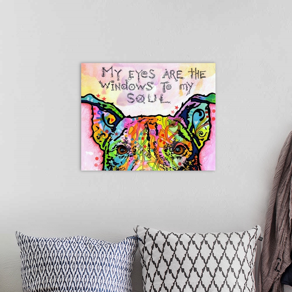 A bohemian room featuring Contemporary stencil painting of a dog filled with various colors and patterns with text, "My eye...