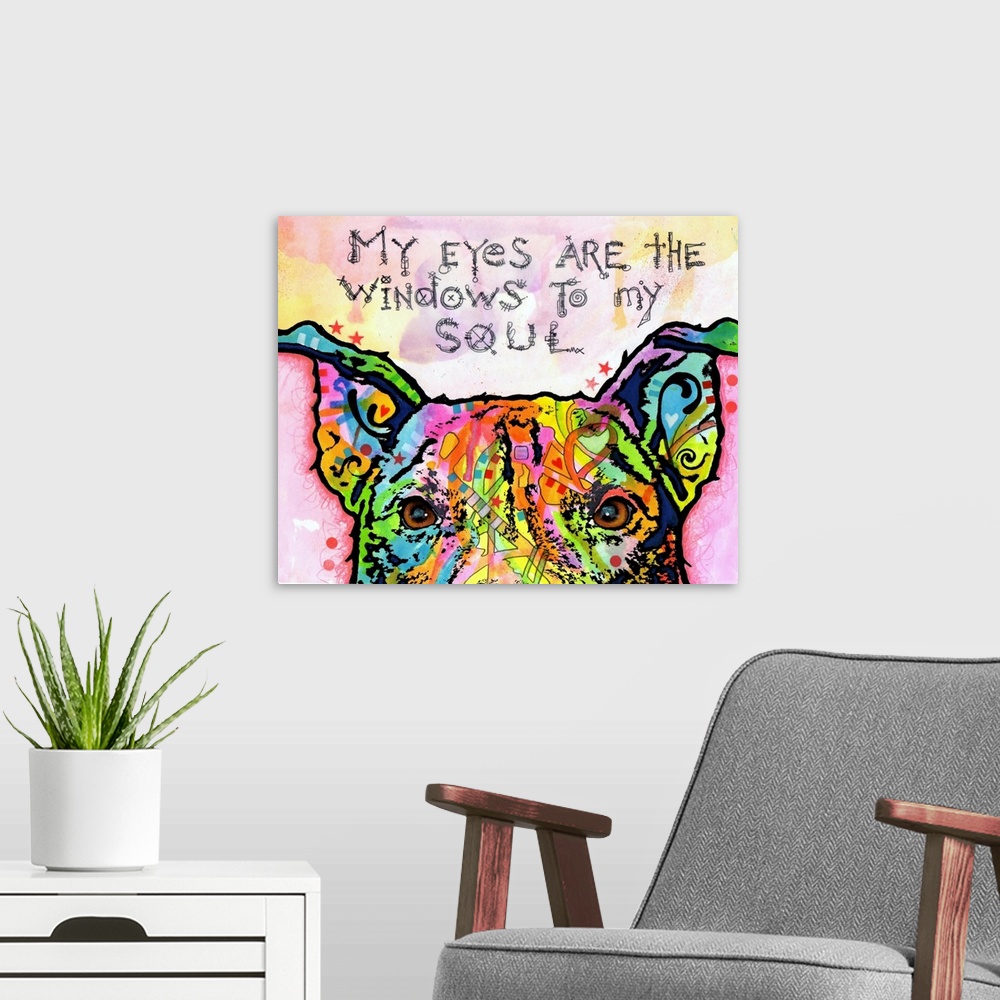 A modern room featuring Contemporary stencil painting of a dog filled with various colors and patterns with text, "My eye...