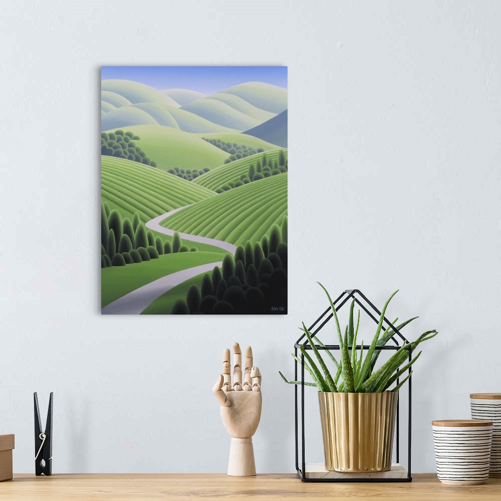 A bohemian room featuring Contemporary painting of a rural green valley.