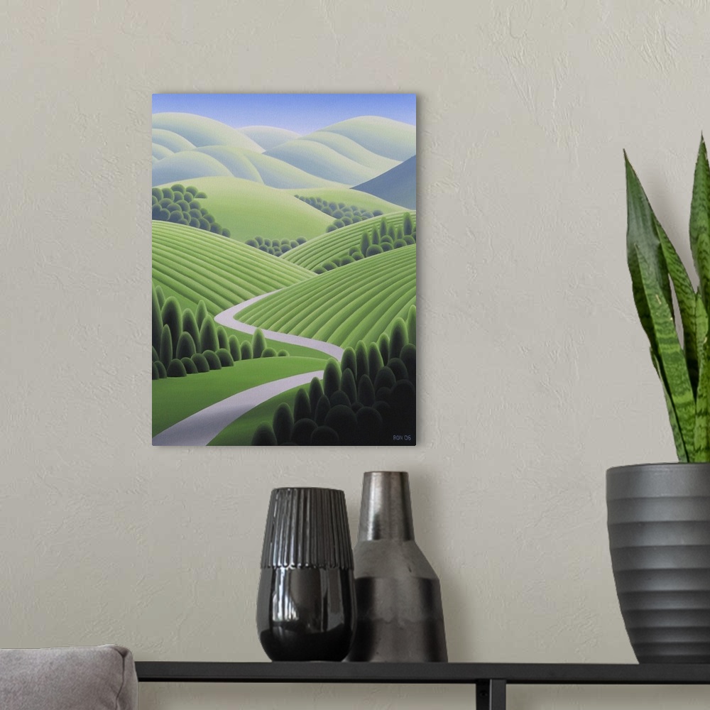 A modern room featuring Contemporary painting of a rural green valley.