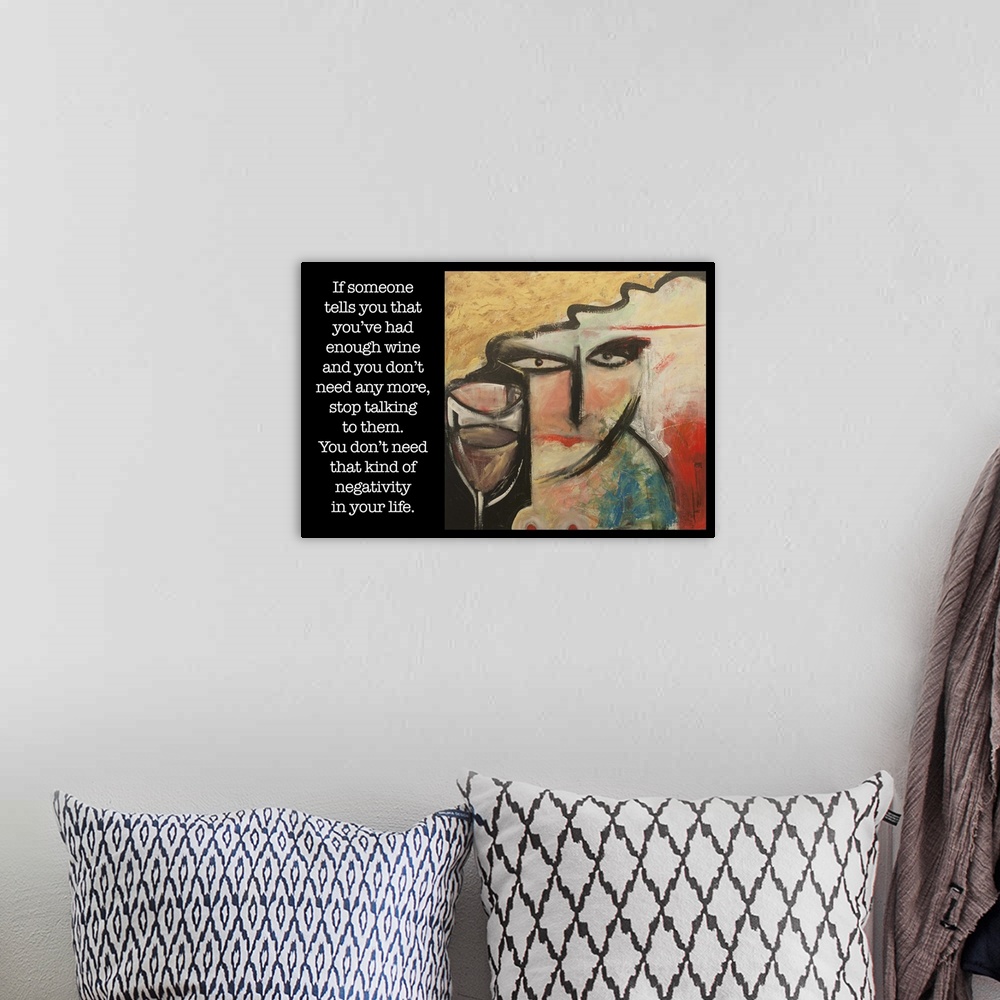 A bohemian room featuring Painting of a woman with a glass of wine, with a humorous quote.