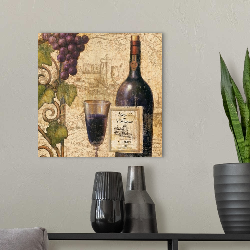 A modern room featuring wine , grapes,  glass, label