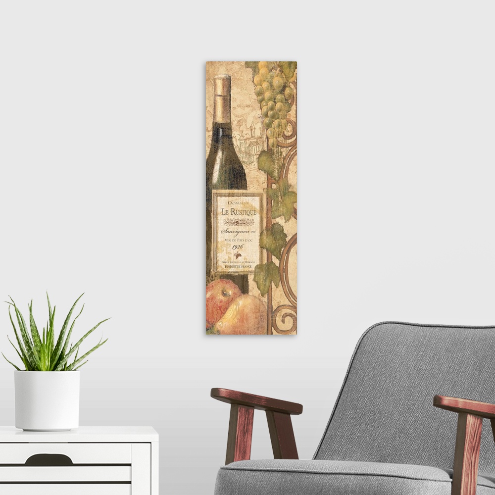 A modern room featuring white wine grapes, pears,  bottle wine