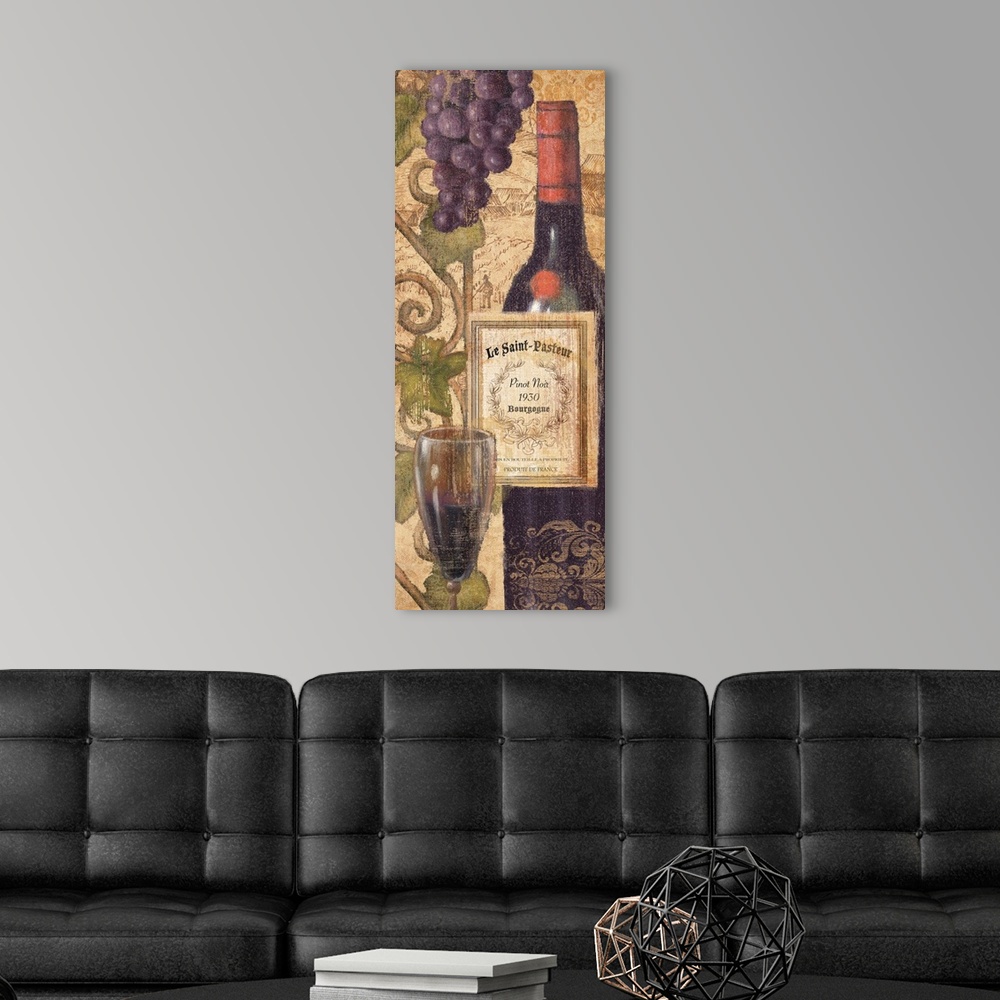 A modern room featuring red wine grapes, flute,  glass wine