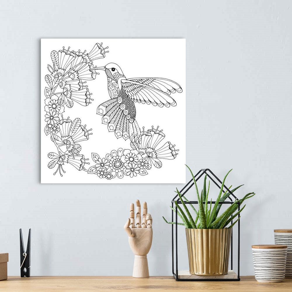 A bohemian room featuring Contemporary lined art of a hummingbird surrounded by flowers.
