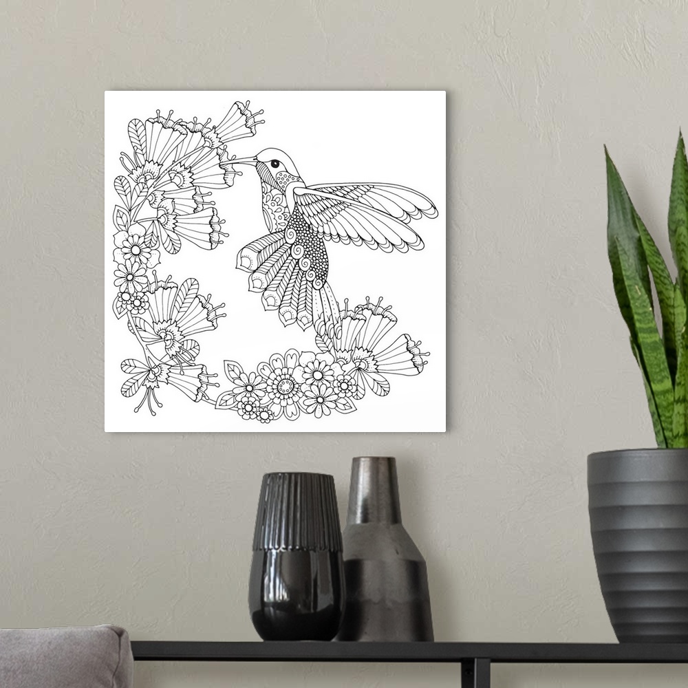 A modern room featuring Contemporary lined art of a hummingbird surrounded by flowers.