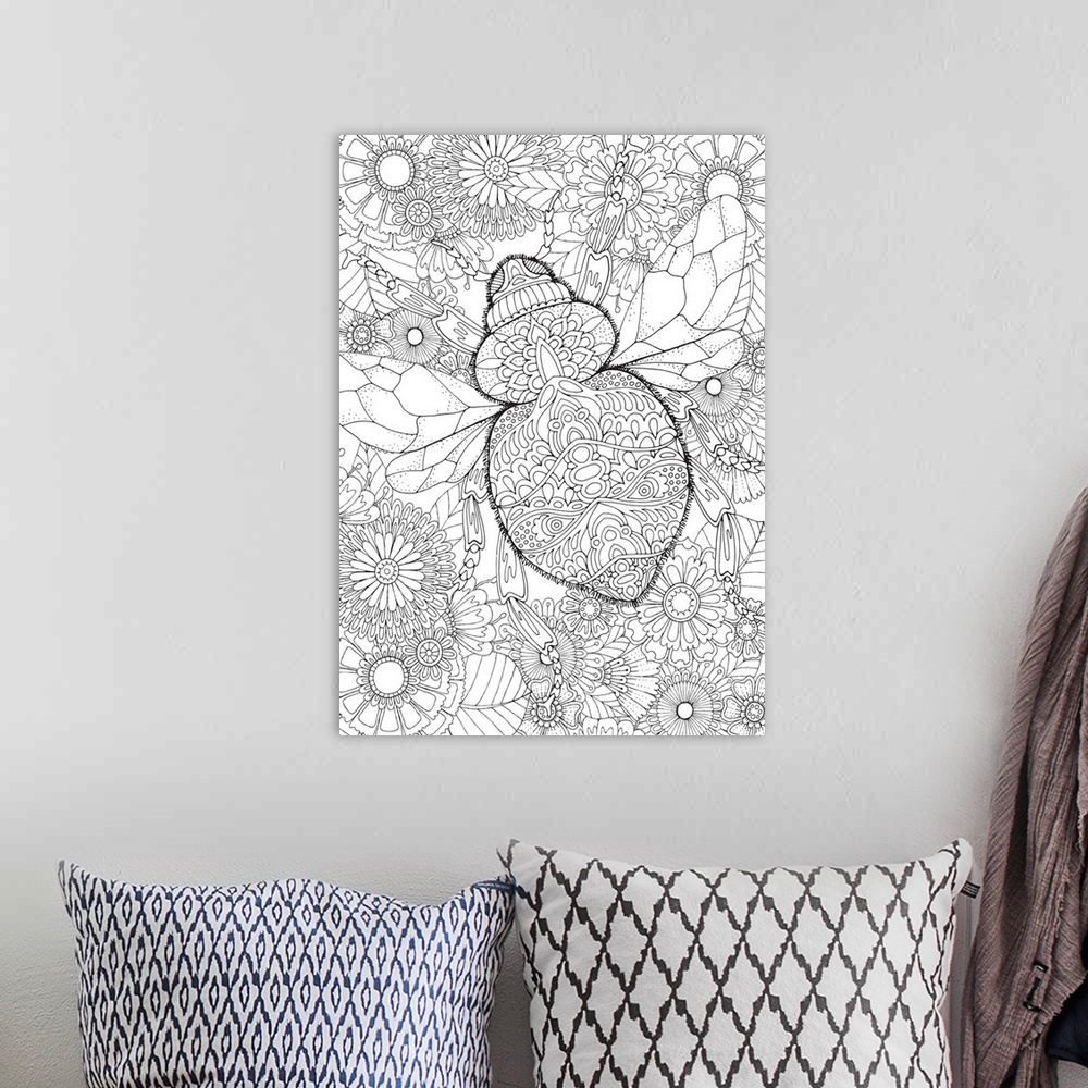 A bohemian room featuring Black and white line art of an intricately designed bumble bee surrounded by flowers.