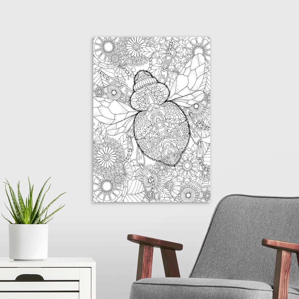A modern room featuring Black and white line art of an intricately designed bumble bee surrounded by flowers.